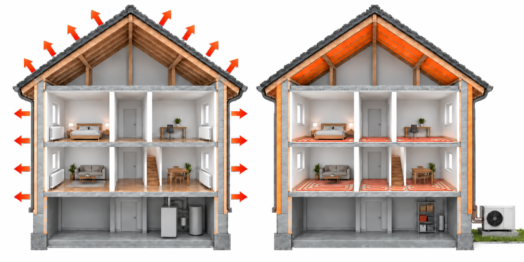 Vergleich: links Wärmeverluste und Heizkörper im unsanierten Haus, rechts außen gedämmtes Gebäude mit Fußbodenheizung und außen aufgestellter Wärmepumpe